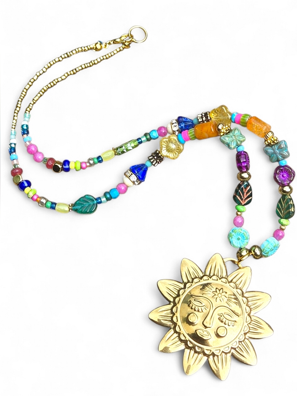 Boho Sun Pendant Beachy Fun Colorful Floral Butterfly Nature Handmade Necklace